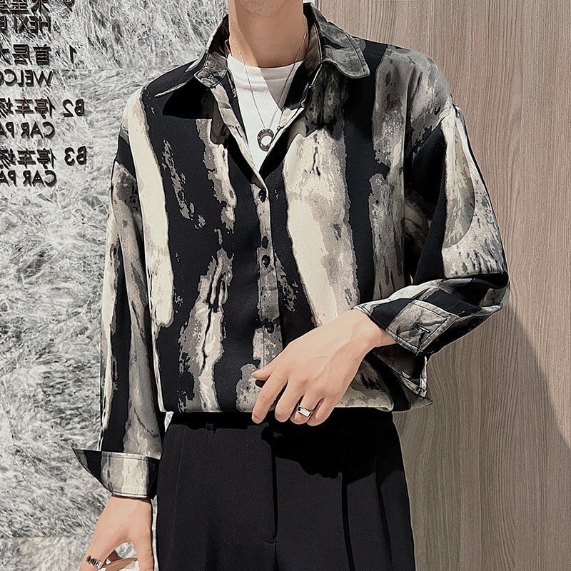 Ανδρικό πουκάμισο με εκτύπωση φλοράλ σε στιλ μελάνης, μακριά μανίκια, vintage χαλαρή γραμμή