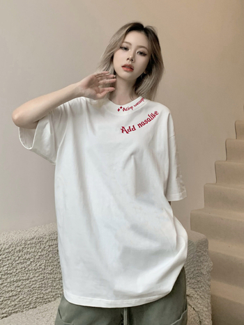 Κέντημένο βαμβακερό κοντομάνικο T‑shirt, unisex, καλοκαίρι 2026, χαλαρή γραμμή