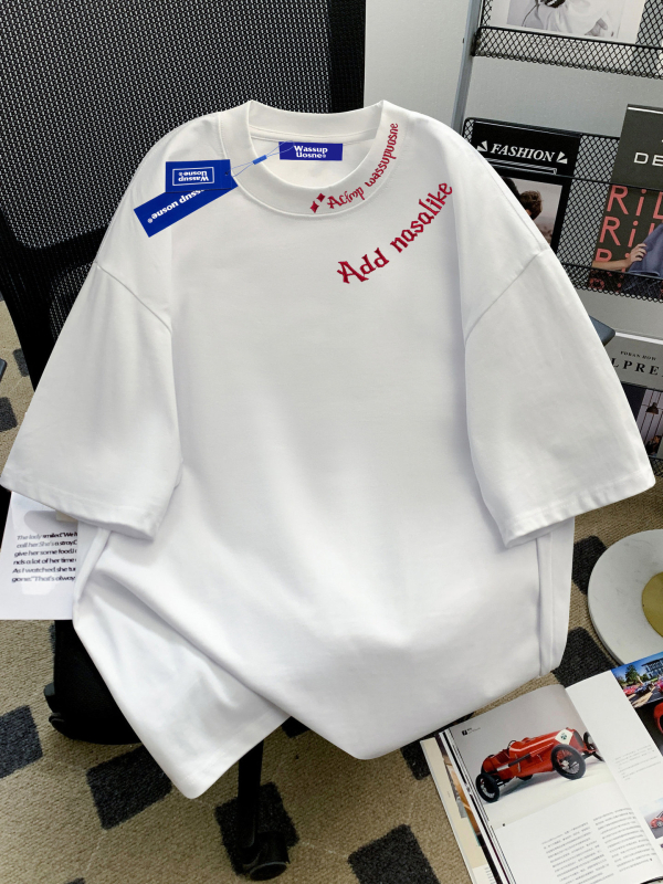Κέντημένο βαμβακερό κοντομάνικο T‑shirt, unisex, καλοκαίρι 2026, χαλαρή γραμμή