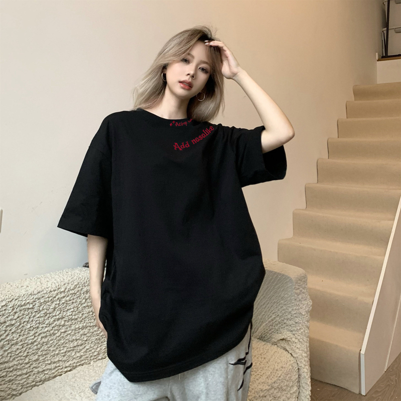 Κέντημένο βαμβακερό κοντομάνικο T‑shirt, unisex, καλοκαίρι 2026, χαλαρή γραμμή