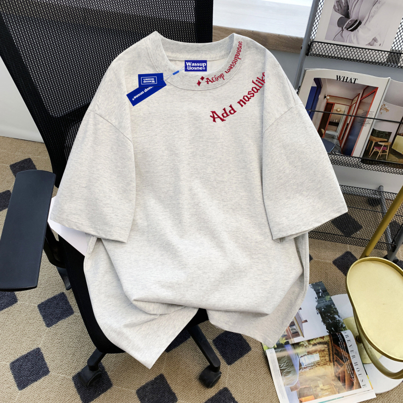 Κέντημένο βαμβακερό κοντομάνικο T‑shirt, unisex, καλοκαίρι 2026, χαλαρή γραμμή