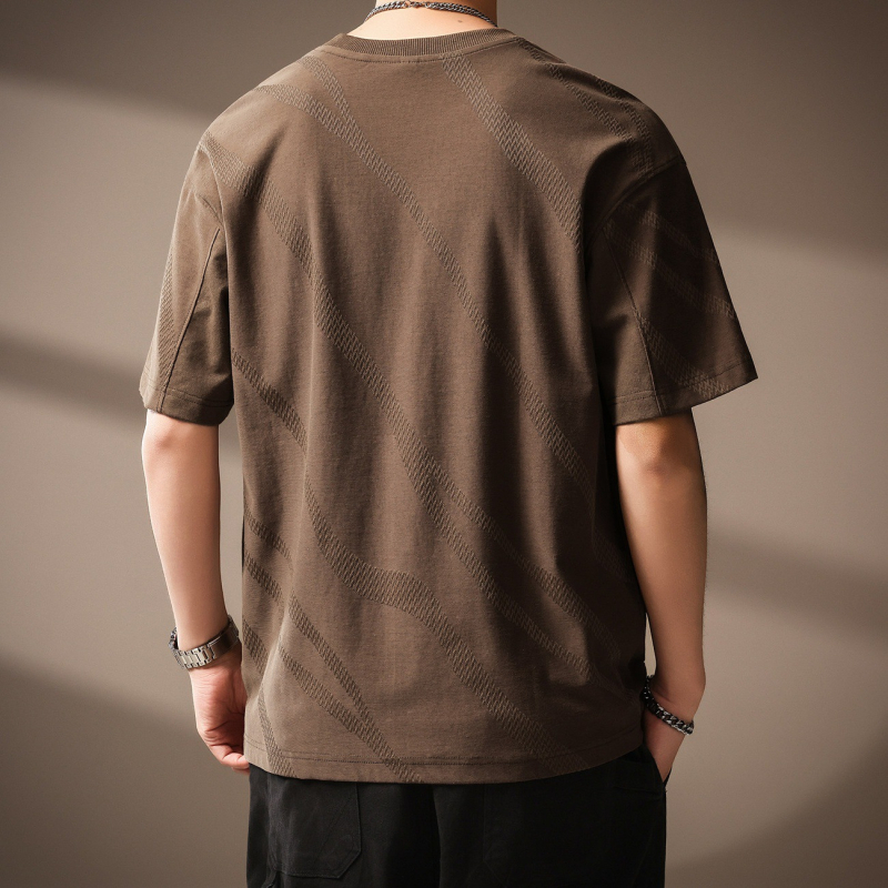 Ανδρικό T‑shirt από βαμβάκι με υφή Jacquard, καλοκαίρι 2026, άνετη εφαρμογή, στρογγυλός λαιμός, κοντά μανίκια, γεωμετρικό μοτίβο