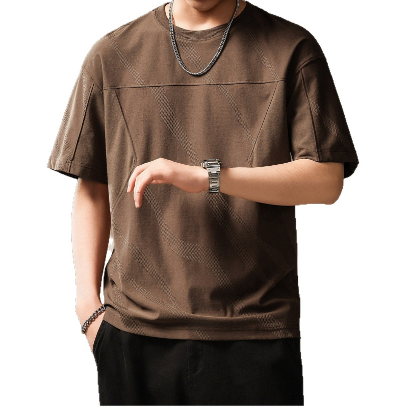 Ανδρικό T‑shirt από βαμβάκι με υφή Jacquard, καλοκαίρι 2026, άνετη εφαρμογή, στρογγυλός λαιμός, κοντά μανίκια, γεωμετρικό μοτίβο