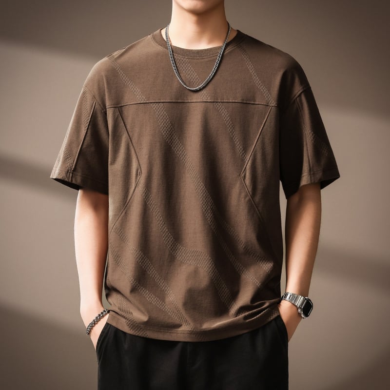 Ανδρικό T‑shirt από βαμβάκι με υφή Jacquard, καλοκαίρι 2026, άνετη εφαρμογή, στρογγυλός λαιμός, κοντά μανίκια, γεωμετρικό μοτίβο