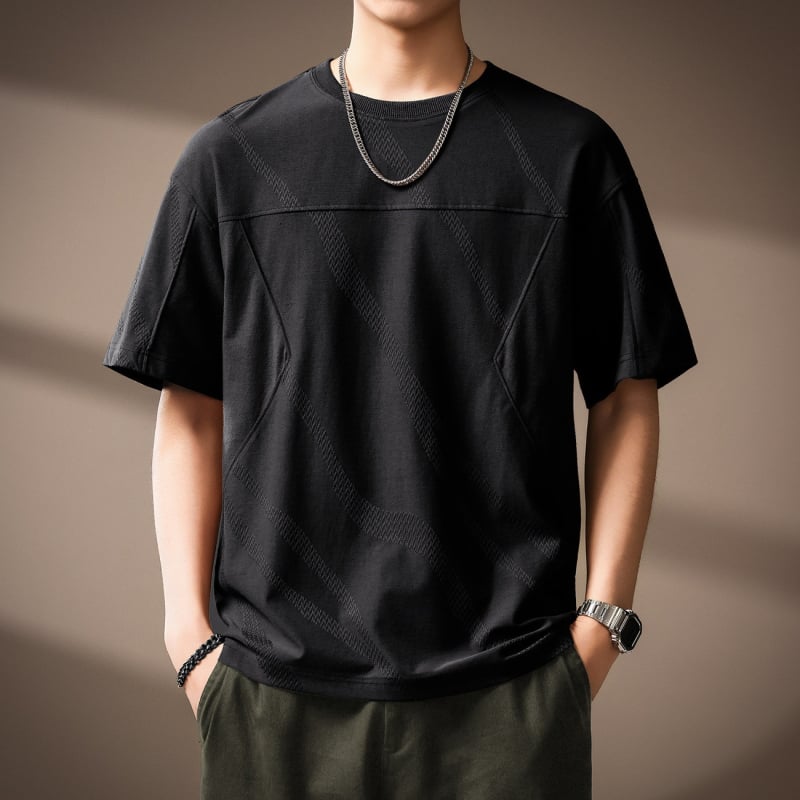 Ανδρικό T‑shirt από βαμβάκι με υφή Jacquard, καλοκαίρι 2026, άνετη εφαρμογή, στρογγυλός λαιμός, κοντά μανίκια, γεωμετρικό μοτίβο