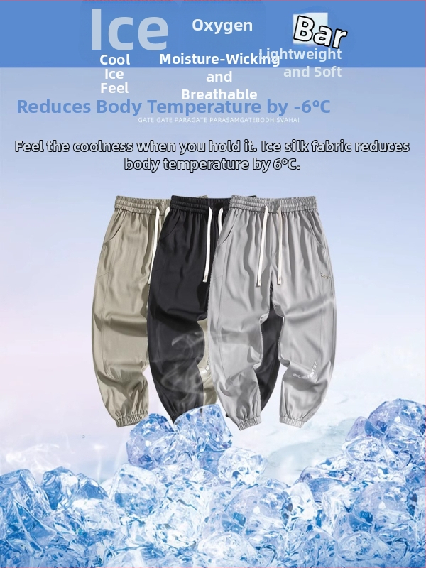 Pánske tepláky Ice Silk, leto 2025, tenké, rýchloschnúce, voľný strih, skrátené, stredne dlhý pás, bez opasku, sťahovací lem, potlač písmen, strečový polyester