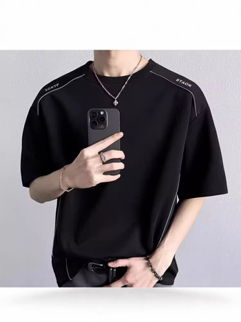 Ανδρικό αθλητικό T‑shirt με ενσωματωμένη ανακλαστική λωρίδα, κοντό μανίκι, φαρδιά εφαρμογή, καλοκαίρι, σχέδιο με γράμματα