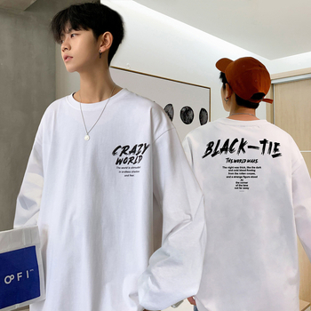Ανδρικό μακρυμάνικο T‑shirt, στυλ Χονγκ Κονγκ, χαλαρή γραμμή, στρογγυλός λαιμός, εκτύπωση, καθημερινό τοπ φθινόπωρο-άνοιξη