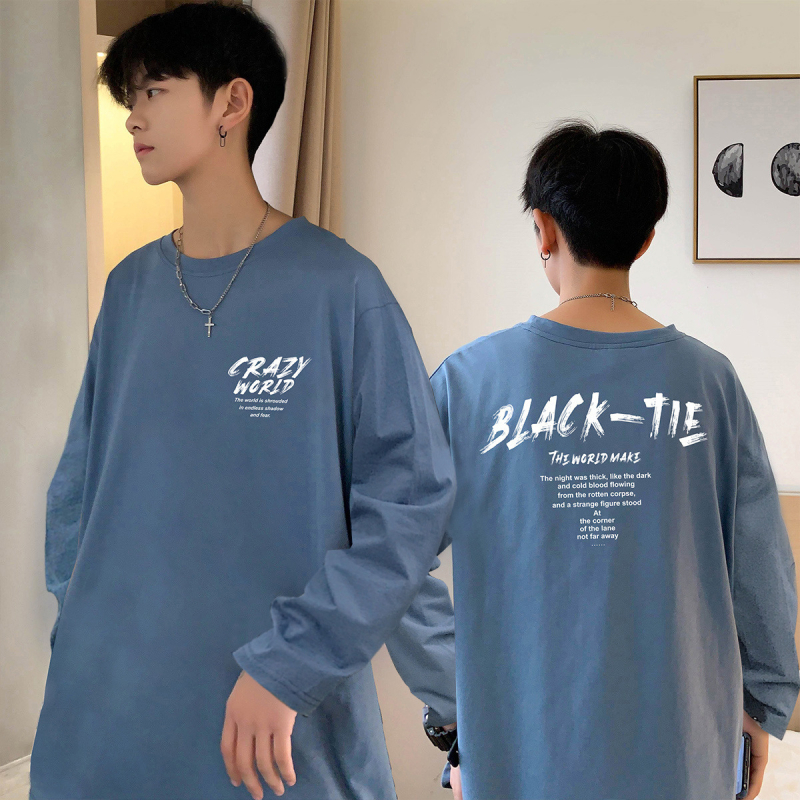 Ανδρικό μακρυμάνικο T‑shirt, στυλ Χονγκ Κονγκ, χαλαρή γραμμή, στρογγυλός λαιμός, εκτύπωση, καθημερινό τοπ φθινόπωρο-άνοιξη