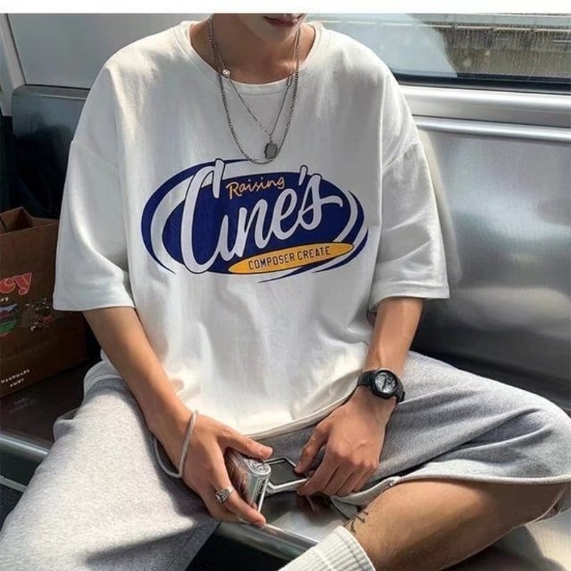 Ανδρικό χαλαρό T-shirt σε στυλ Χονγκ Κονγκ, χιπ-χοπ γραφικό τύπωμα, κοντό μανίκι, καλοκαίρι, casual top