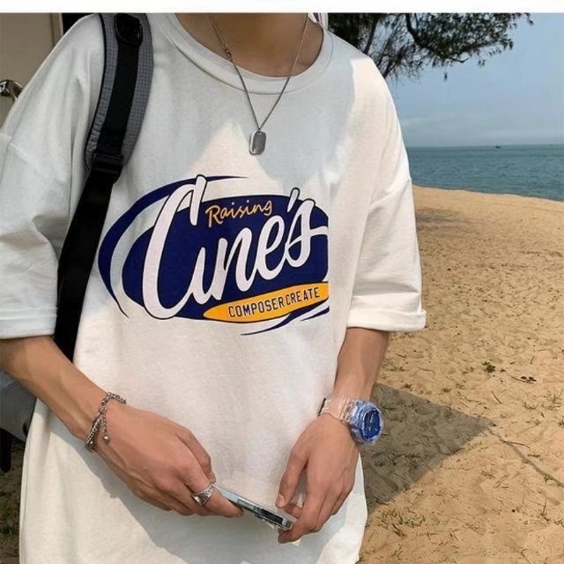 Ανδρικό χαλαρό T-shirt σε στυλ Χονγκ Κονγκ, χιπ-χοπ γραφικό τύπωμα, κοντό μανίκι, καλοκαίρι, casual top
