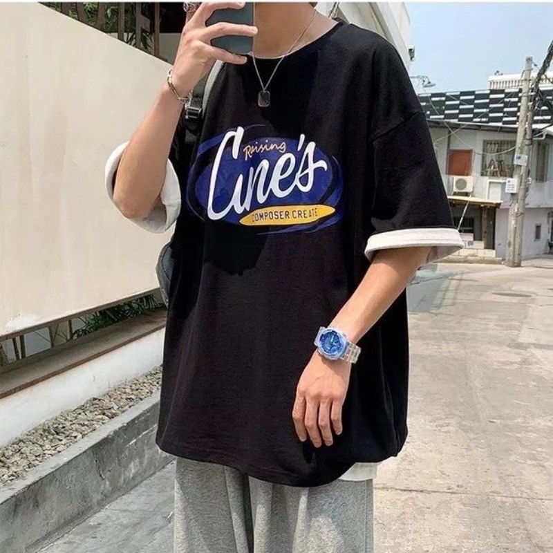 Ανδρικό χαλαρό T-shirt σε στυλ Χονγκ Κονγκ, χιπ-χοπ γραφικό τύπωμα, κοντό μανίκι, καλοκαίρι, casual top