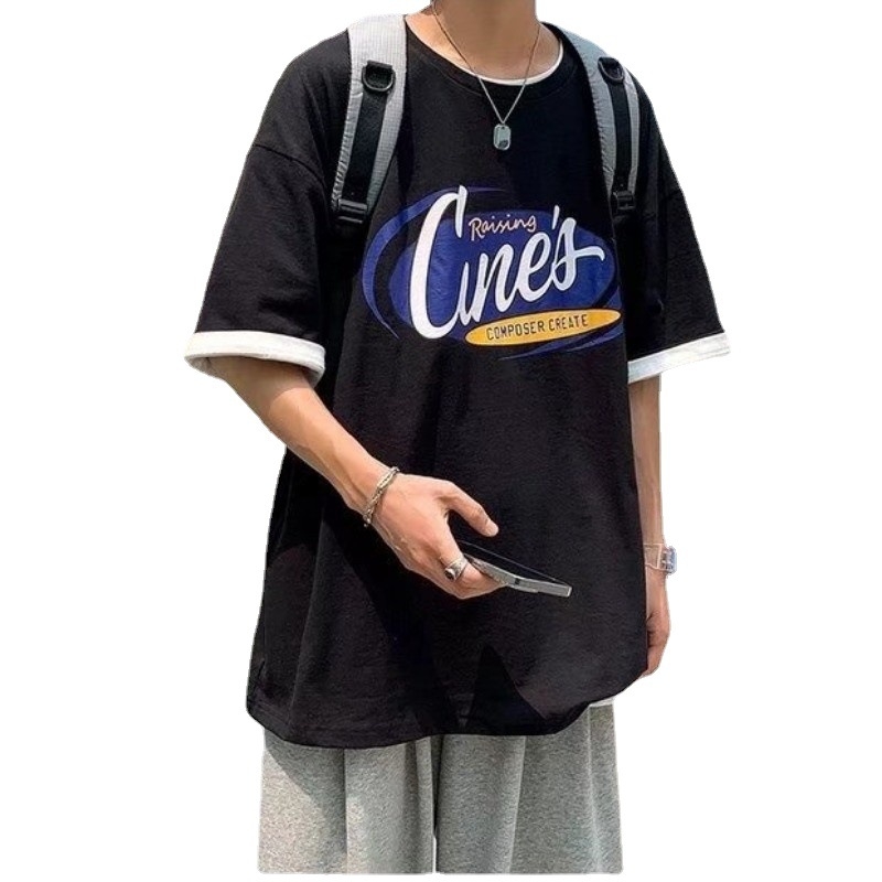 Ανδρικό χαλαρό T-shirt σε στυλ Χονγκ Κονγκ, χιπ-χοπ γραφικό τύπωμα, κοντό μανίκι, καλοκαίρι, casual top