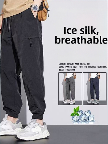 Pracovné nohavice Ice Silk pre mužov, letné ležérne so sťahovacou šnúrkou, voľný strih, vrecká na zips, dlhé športové nohavice