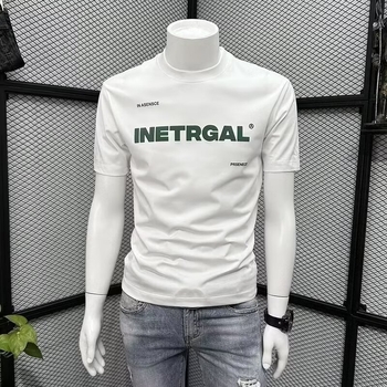 Ανδρικό κοντομάνικο T‑shirt, καλοκαίρι 2024, casual στρογγυλός λαιμός, τύπωμα με γράμματα, στενή γραμμή