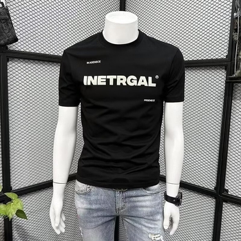 Ανδρικό κοντομάνικο T‑shirt, καλοκαίρι 2024, casual στρογγυλός λαιμός, τύπωμα με γράμματα, στενή γραμμή