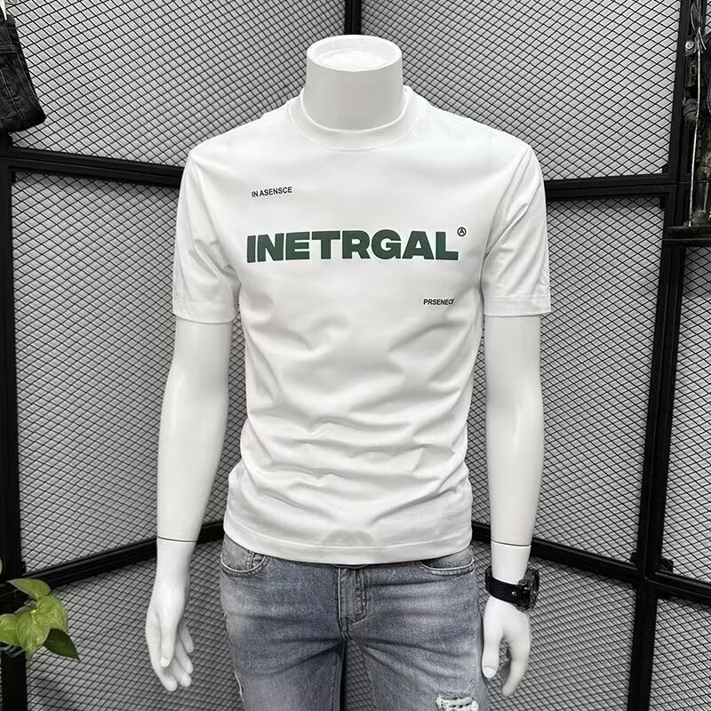 Ανδρικό κοντομάνικο T‑shirt, καλοκαίρι 2024, casual στρογγυλός λαιμός, τύπωμα με γράμματα, στενή γραμμή