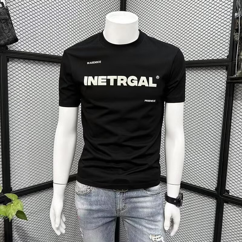 Ανδρικό κοντομάνικο T‑shirt, καλοκαίρι 2024, casual στρογγυλός λαιμός, τύπωμα με γράμματα, στενή γραμμή