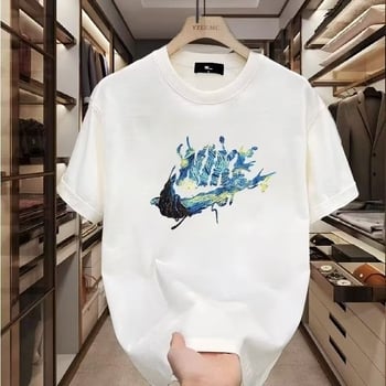Ανδρικό καλοκαιρινό βαμβακερό T‑shirt με κοντά μανίκια, στρογγυλός λαιμός, χαλαρή γραμμή, γεωμετρικό τύπωμα, κορεάτικο στυλ