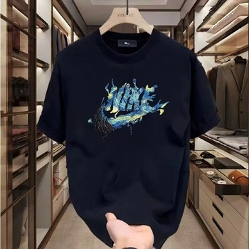 Ανδρικό καλοκαιρινό βαμβακερό T‑shirt με κοντά μανίκια, στρογγυλός λαιμός, χαλαρή γραμμή, γεωμετρικό τύπωμα, κορεάτικο στυλ