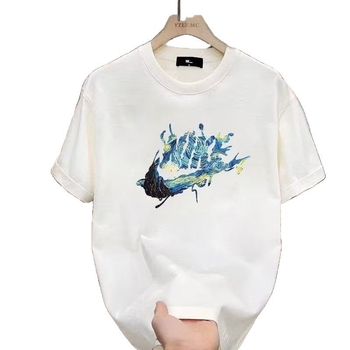Ανδρικό καλοκαιρινό βαμβακερό T‑shirt με κοντά μανίκια, στρογγυλός λαιμός, χαλαρή γραμμή, γεωμετρικό τύπωμα, κορεάτικο στυλ