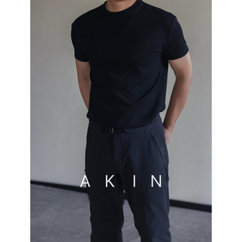 Akin Ανδρικό T-shirt κοντό μανίκι, Slim-Fit, από μακριές ίνες βαμβακερές, μονόχρωμο, λαιμός στρογγυλός, άνοιξη-καλοκαίρι