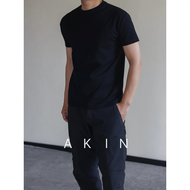 Akin Ανδρικό T-shirt κοντό μανίκι, Slim-Fit, από μακριές ίνες βαμβακερές, μονόχρωμο, λαιμός στρογγυλός, άνοιξη-καλοκαίρι