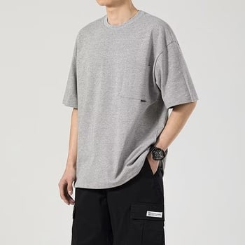 Ανδρική βαμβακερή κοντομάνικη T‑shirt με τσέπη, αμερικανικού στυλ, χαλαρή γραμμή, στρογγυλός λαιμός
