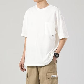 Ανδρική βαμβακερή κοντομάνικη T‑shirt με τσέπη, αμερικανικού στυλ, χαλαρή γραμμή, στρογγυλός λαιμός