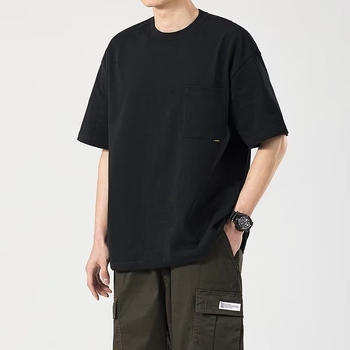 Ανδρική βαμβακερή κοντομάνικη T‑shirt με τσέπη, αμερικανικού στυλ, χαλαρή γραμμή, στρογγυλός λαιμός