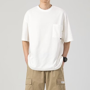 Ανδρική βαμβακερή κοντομάνικη T‑shirt με τσέπη, αμερικανικού στυλ, χαλαρή γραμμή, στρογγυλός λαιμός