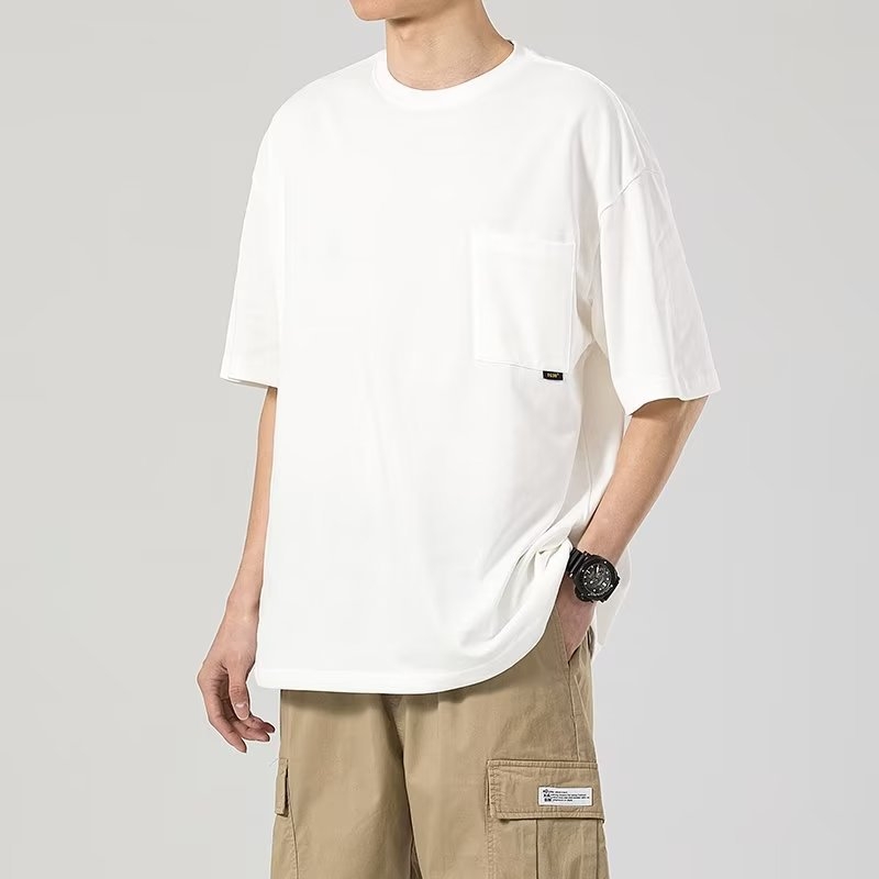 Ανδρική βαμβακερή κοντομάνικη T‑shirt με τσέπη, αμερικανικού στυλ, χαλαρή γραμμή, στρογγυλός λαιμός