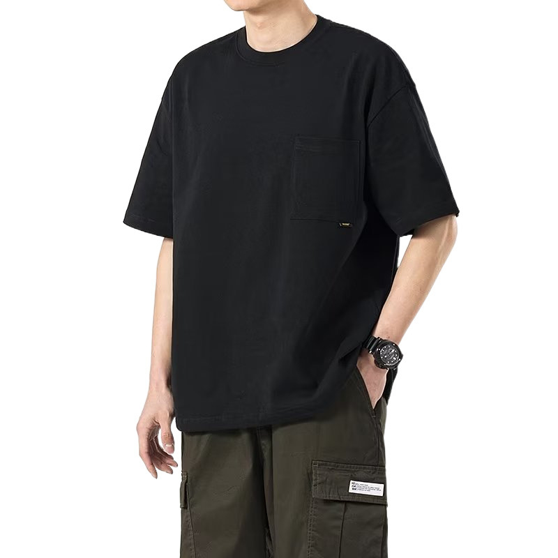 Ανδρική βαμβακερή κοντομάνικη T‑shirt με τσέπη, αμερικανικού στυλ, χαλαρή γραμμή, στρογγυλός λαιμός