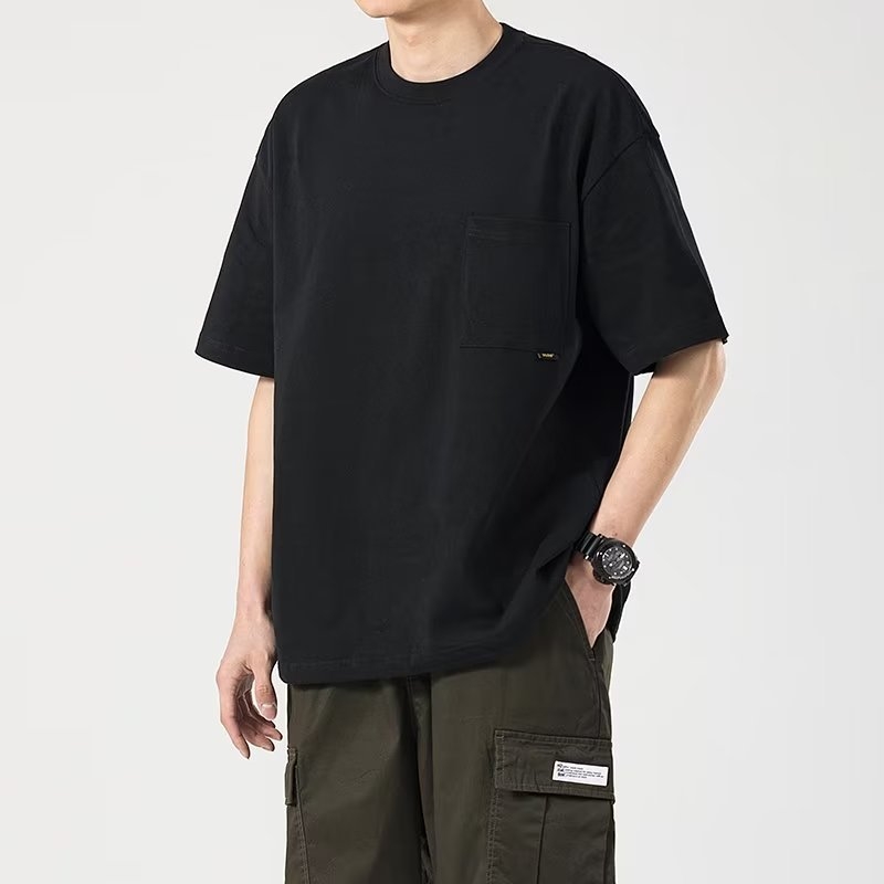 Ανδρική βαμβακερή κοντομάνικη T‑shirt με τσέπη, αμερικανικού στυλ, χαλαρή γραμμή, στρογγυλός λαιμός