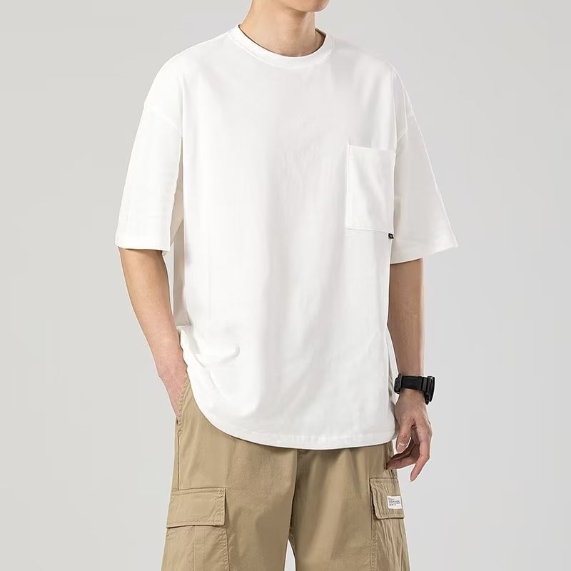 Ανδρική βαμβακερή κοντομάνικη T‑shirt με τσέπη, αμερικανικού στυλ, χαλαρή γραμμή, στρογγυλός λαιμός