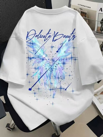 Ανδρικό βαμβακερό χαλαρό T‑shirt με στρογγυλή λαιμόκοψη, εκτύπωση καρτούν, φαρδιά γραμμή, κοντά μανίκια, χαμηλωμένοι ώμοι
