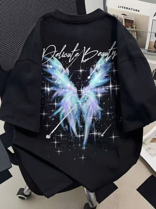 Ανδρικό βαμβακερό χαλαρό T‑shirt με στρογγυλή λαιμόκοψη, εκτύπωση καρτούν, φαρδιά γραμμή, κοντά μανίκια, χαμηλωμένοι ώμοι