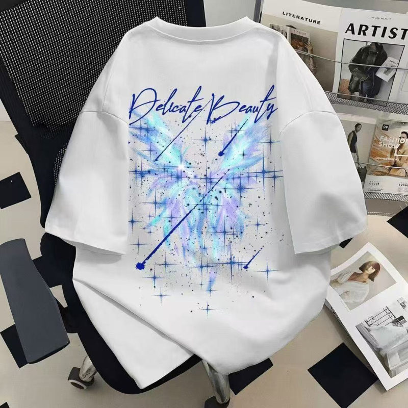 Ανδρικό βαμβακερό χαλαρό T‑shirt με στρογγυλή λαιμόκοψη, εκτύπωση καρτούν, φαρδιά γραμμή, κοντά μανίκια, χαμηλωμένοι ώμοι
