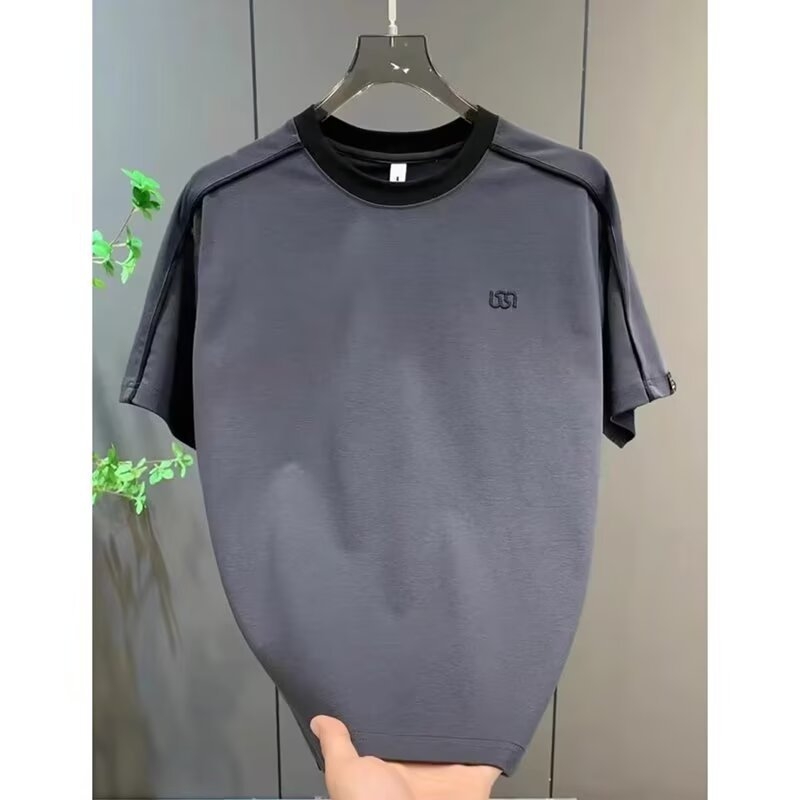 Ανδρικό T‑shirt με patchwork και κέντημα, casual, κοντομάνικο, στρογγυλή λαιμόκοψη, υψηλής ποιότητας