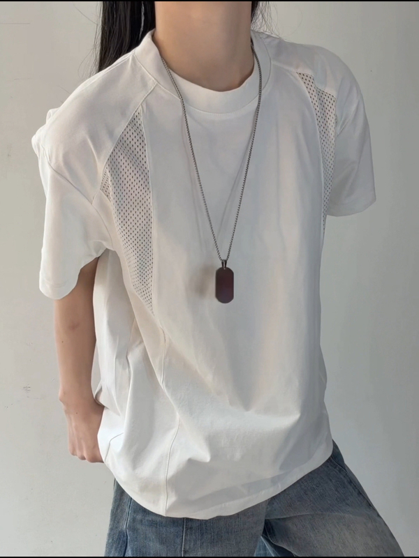 Άσπρο αντρικό T‑shirt κοντομάνικο από ice silk, γρήγορο στέγνωμα, διάτρητη πλέξη και patchwork ραφές, δροσερό καλοκαιρινό αθλητικό