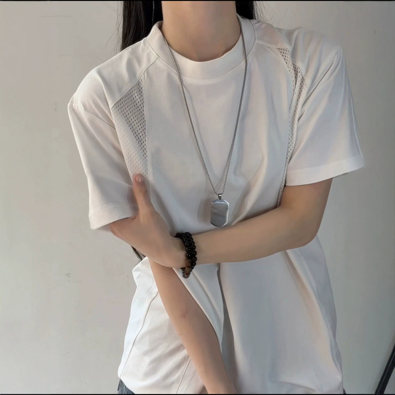 Άσπρο αντρικό T‑shirt κοντομάνικο από ice silk, γρήγορο στέγνωμα, διάτρητη πλέξη και patchwork ραφές, δροσερό καλοκαιρινό αθλητικό