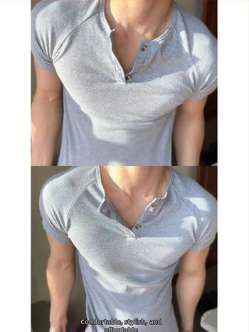 Pánske sivé slim fit tričko Henley s krátkym rukávom