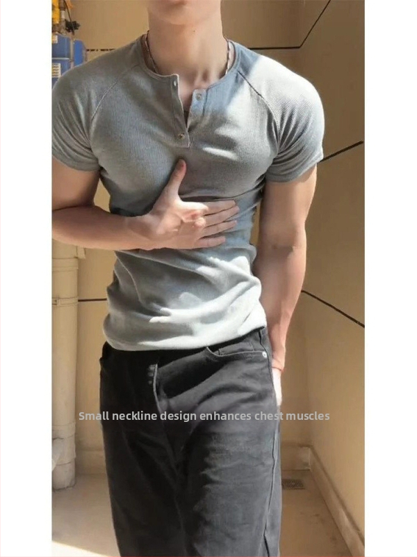 Pánske sivé slim fit tričko Henley s krátkym rukávom