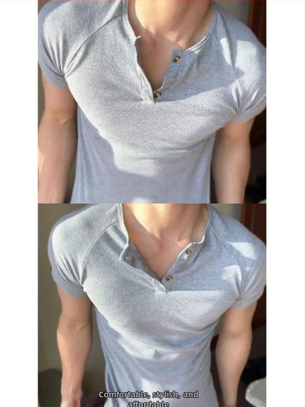 Pánske sivé slim fit tričko Henley s krátkym rukávom