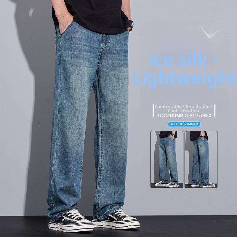 Pánske letné džínsy z lyocellu – tenké, voľné, rovné nohavice, trendy americký retro štýl