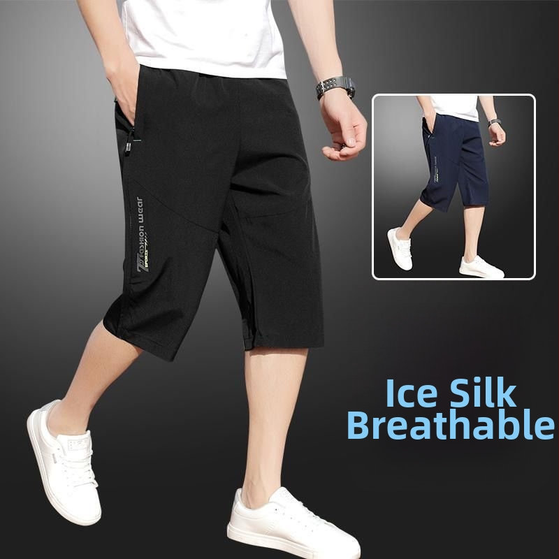Ανδρικά καλοκαιρινά cropped παντελόνια Ice Silk, χαλαρή ίσια γραμμή, καθημερινά