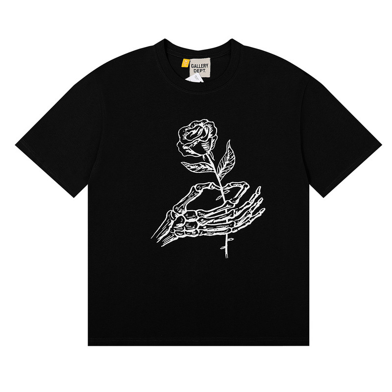 GD Βαμβακερό T‑shirt με κοντά μανίκια και σχέδιο ρόδου στο χέρι, ανδρικός loose fit, Harajuku στυλ