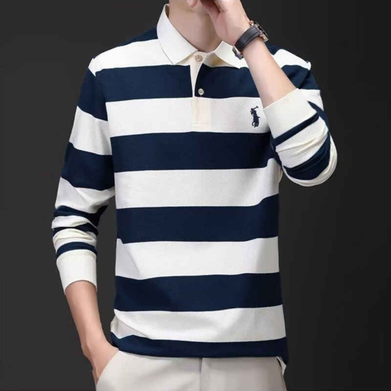 Ανδρικό μακρύ μανίκι πόλο με ρίγες και κεντημένο γιακά, σε χαλαρή γραμμή για καθημερινή χρήση