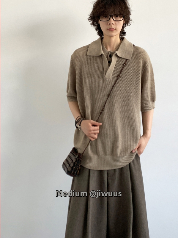 Letné dvojdielne polo tričko Jiwuus v japonskom štýle pre mužov, jednofarebné, ležérne, inšpirované univerzitou, staré peniaze, úplet s dutým výstrihom, krátky rukáv