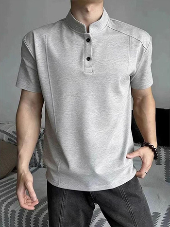 Αμερικανικού στυλ ανδρικό κοντομάνικο T‑shirt πόλο με Henley γιακά, patchwork, καλοκαιρινή άνετη γραμμή